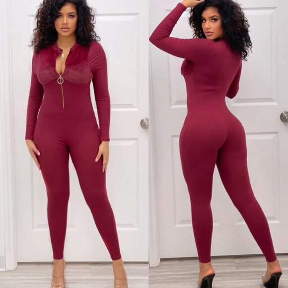 THEA FRONT ZIPPER LONG SLEEVE JUMPSUIT - BURGUNDY - Picture 1 of 4